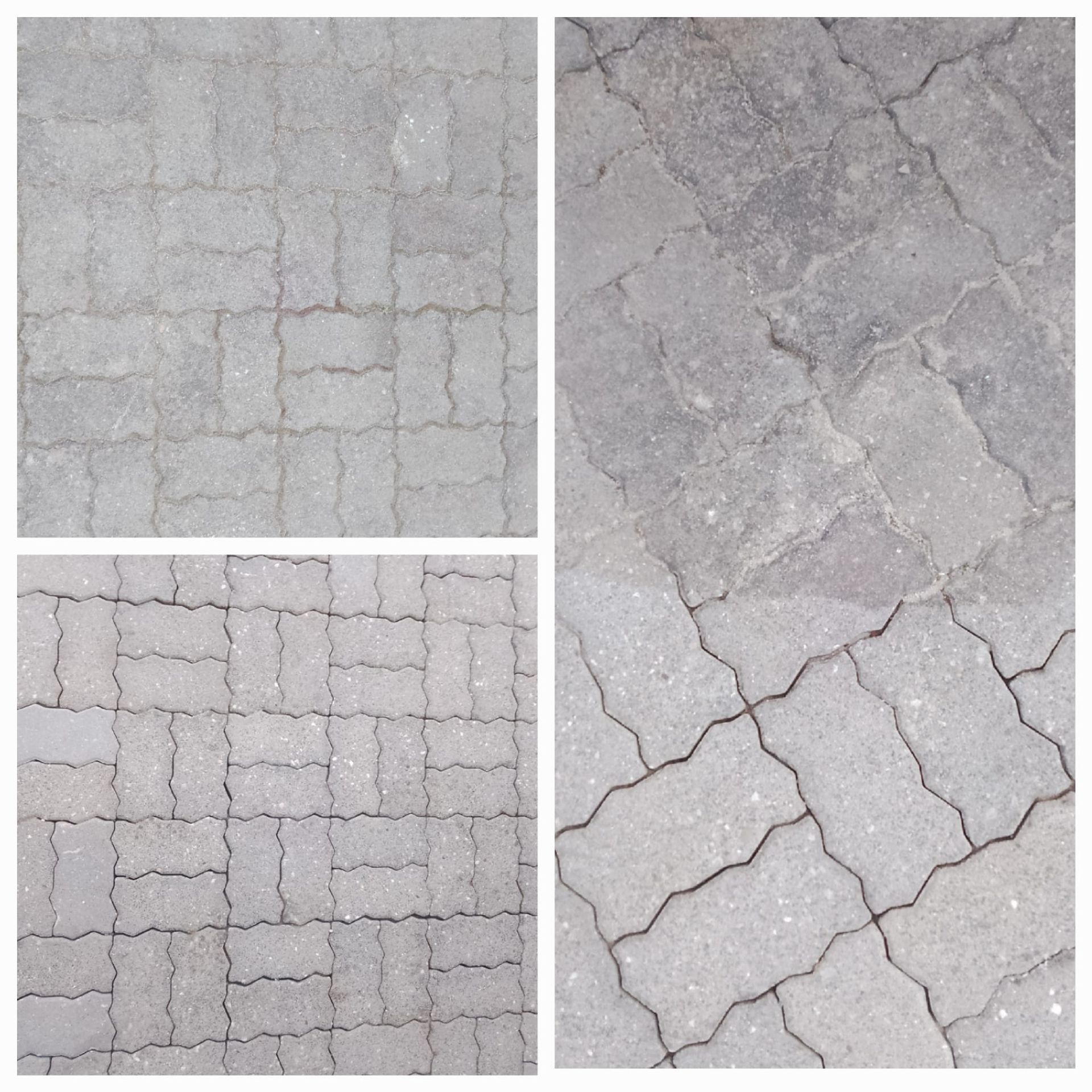 Drei Nahaufnahmen von grauen Ziegelsteinen,