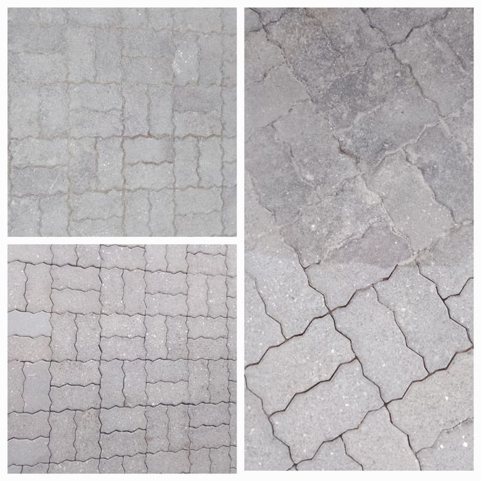 Drei Nahaufnahmen von grauen, rissigen Ziegelpflastersteinen.