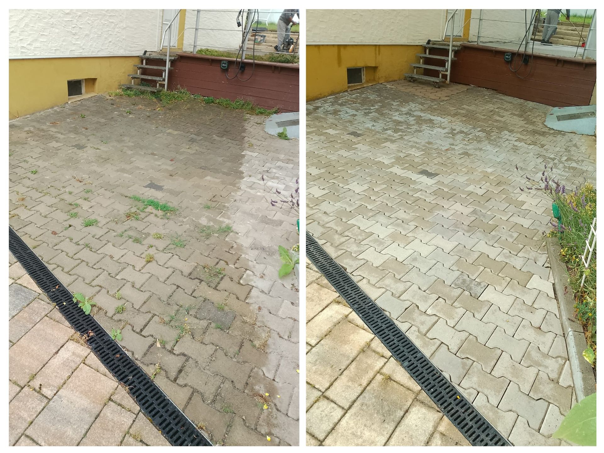 Vergleich einer verschmutzten und einer sauberen Ziegelterrasse.