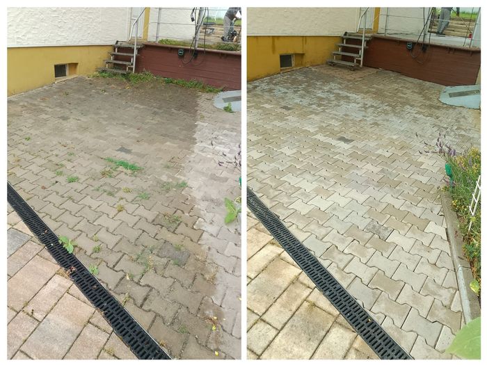 Vorher- und Nachher-Ansicht einer gemauerten Terrasse, die den Unterschied in der Sauberkeit zeigt.