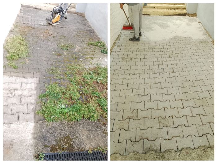 Vorher- und Nachher-Aufnahmen der Reinigung grauer Pflastersteine; Unkraut in der „Vorher“-Aufnahme, Besen in der „Nachher“-Aufnahme.
