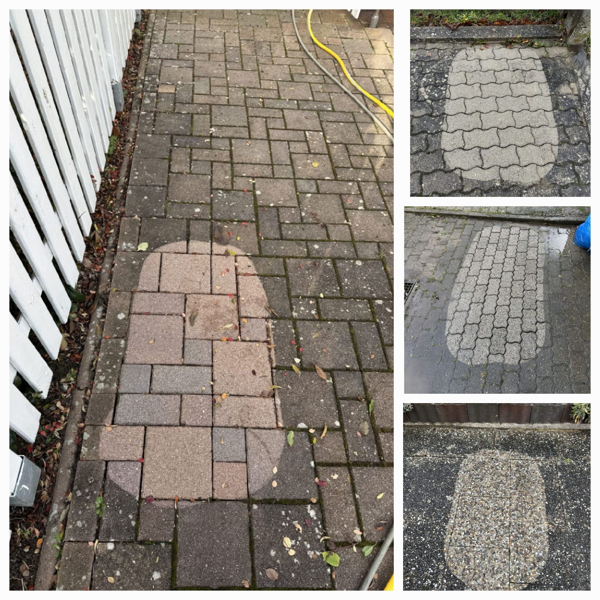 Die Terrassenplatten wurden teilweise mit einem Hochdruckreiniger gereinigt; die Konturen sind deutlich erkennbar.
