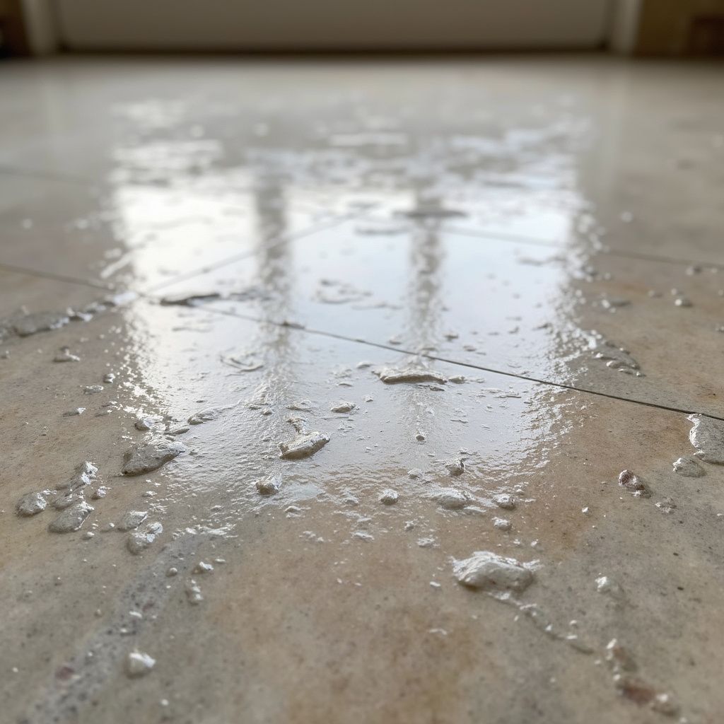 Nasser, heller Fliesenboden mit Wasser und kleinen Ablagerungen. Reflektiertes Licht, Tür im Hintergrund.