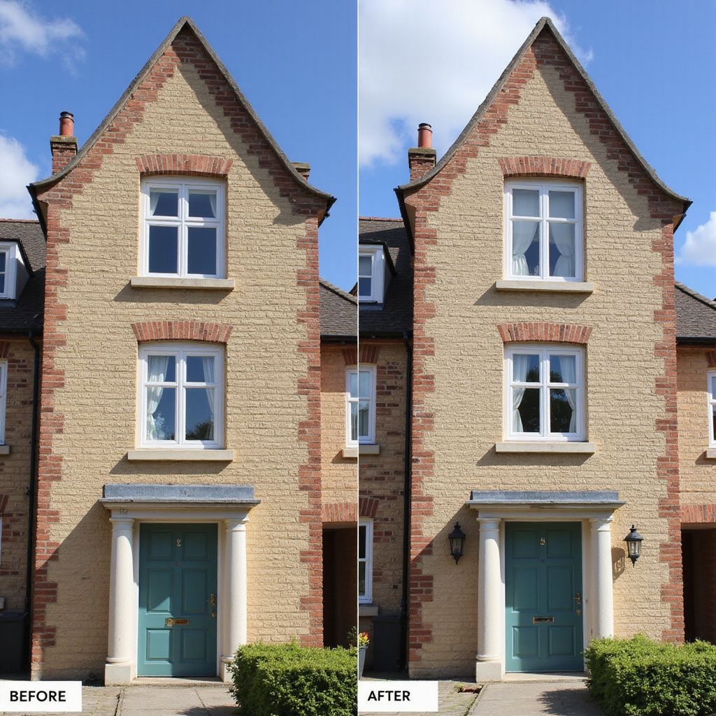 Vorher/Nachher der Außenansicht eines Backsteingebäudes; blaugrüne Tür mit Säulen, hellblauer Himmel.