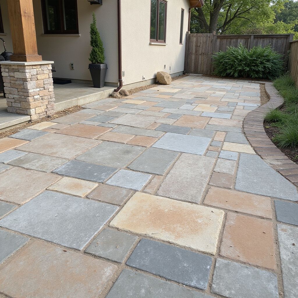 Mit bunten Steinen gepflasterte Terrasse neben einem Haus und Garten mit Holzzaun.