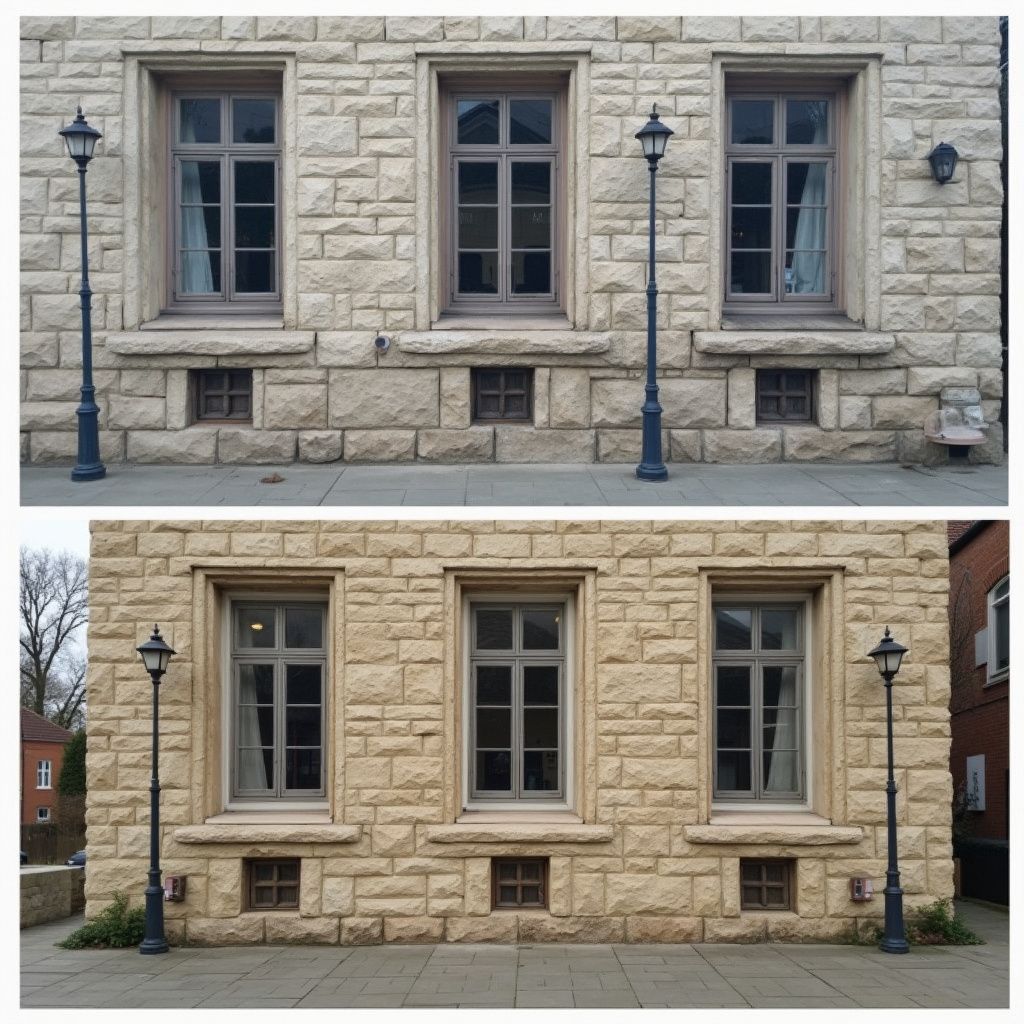 Außenansicht eines zweistöckigen Gebäudes mit drei Fenstern. Hellbraune Steinfassade, dunkle Fensterrahmen und zwei schwarze Laternenpfähle.