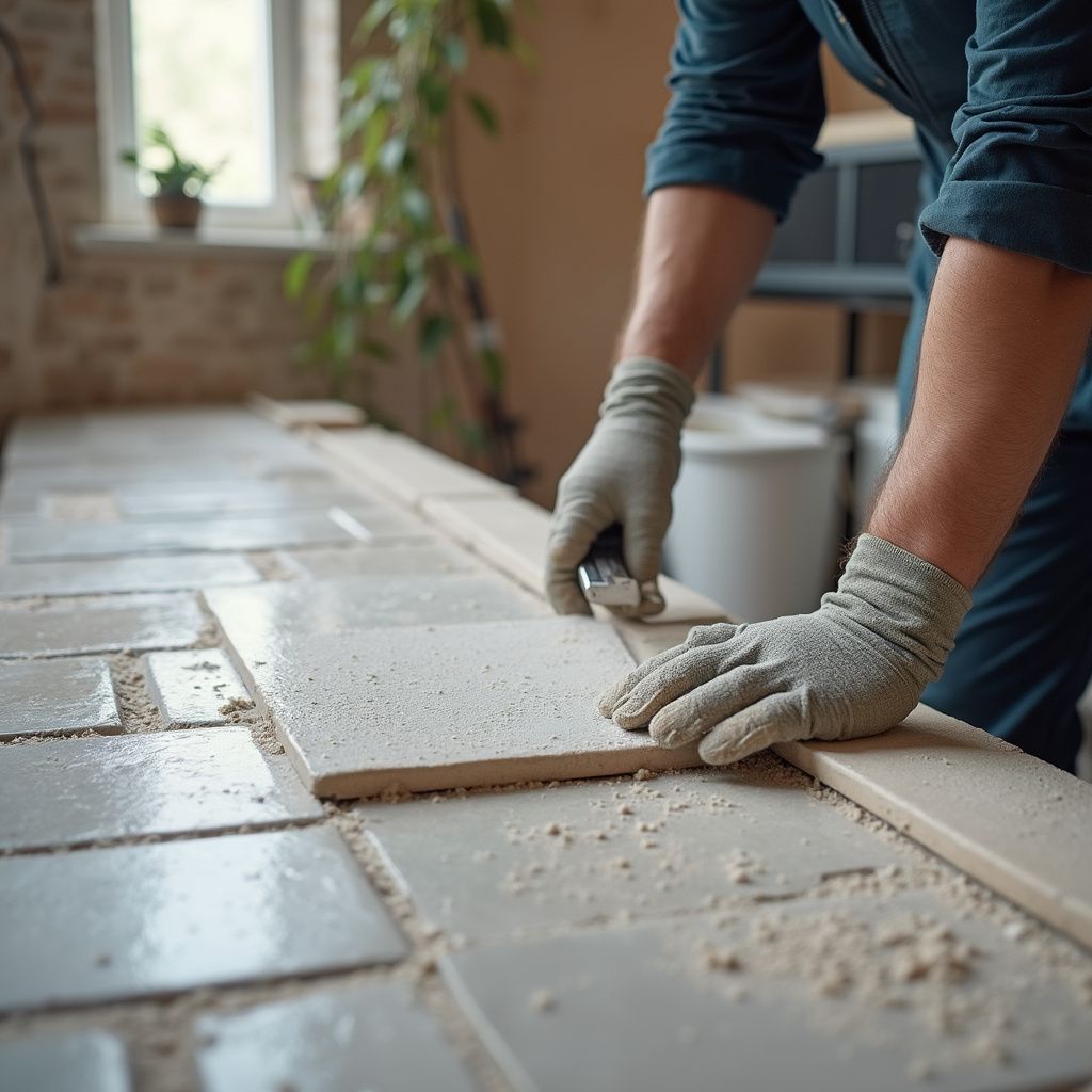 Eine Person mit Handschuhen schneidet auf einer Werkbank Fliesen mit einem Universalmesser.