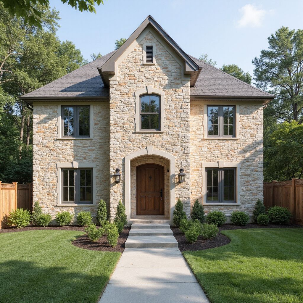 Haus mit Steinfassade, dunklem Dach, brauner Tür und gepflegtem Rasen.