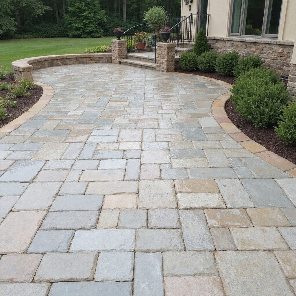 Steinterrasse, die zu einem Hauseingang mit Landschaftsgestaltung führt; grüner Rasen und Sträucher, neutrale Farben.