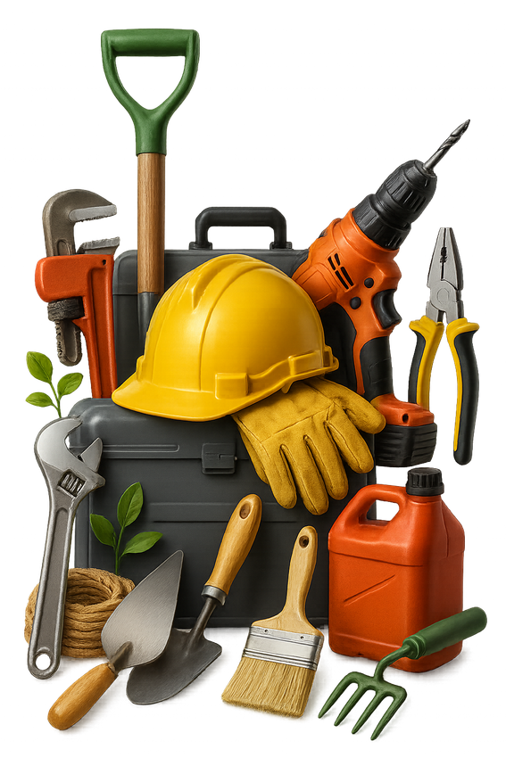 Un tas d'outils sont posés sur une boîte à outils.