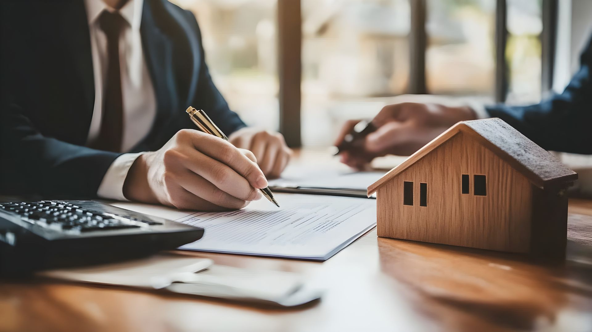 Personne signant un document à côté d’une petite maquette de maison, avec une calculatrice sur le bureau, dans un cadre professionnel