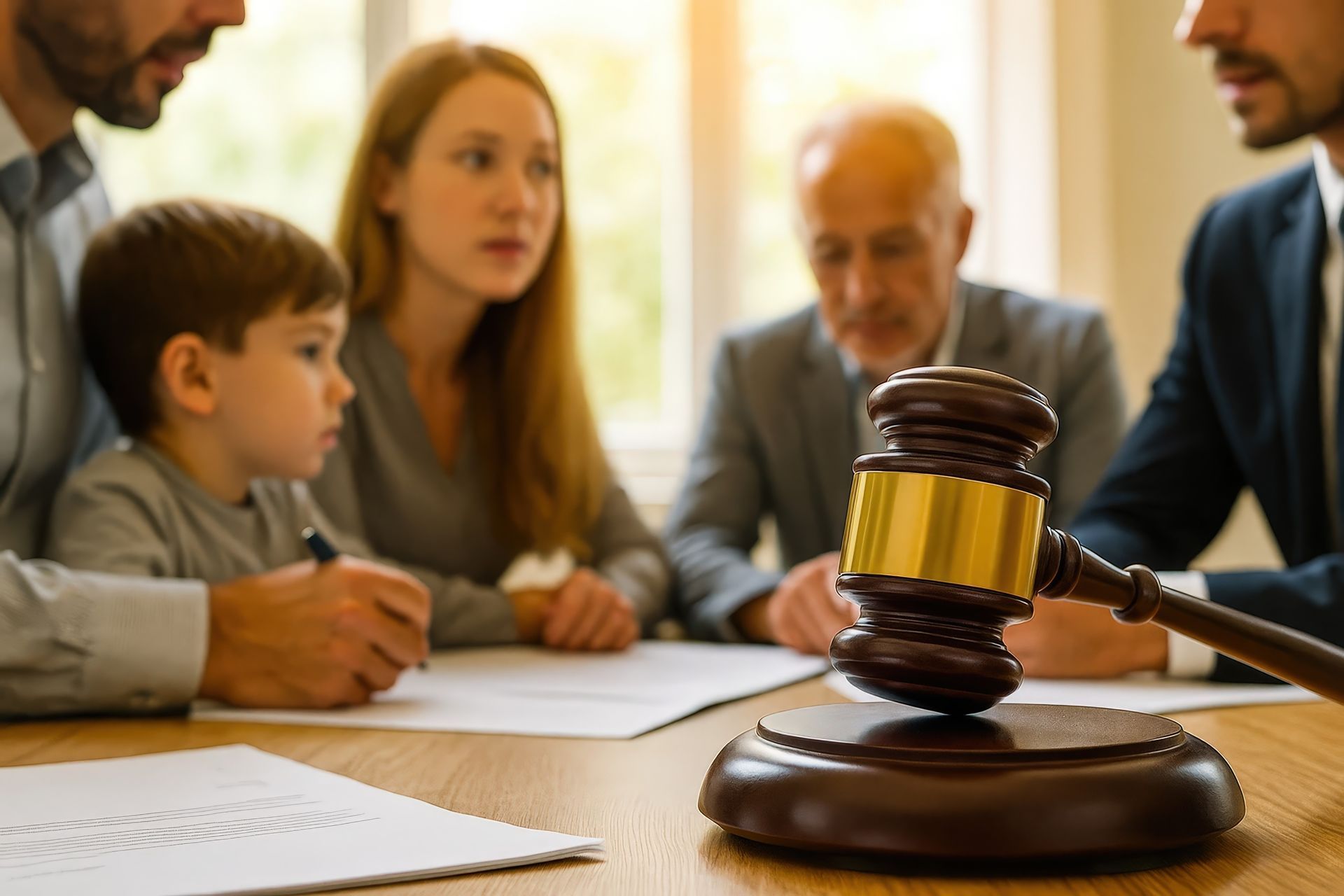 Réunion au tribunal, avec des personnes autour d’une table et un maillet de juge au premier plan.