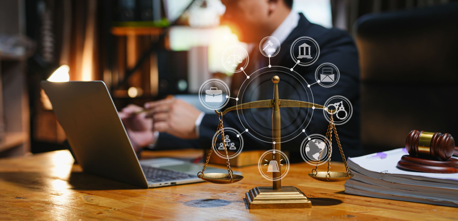 Ordinateur portable et balance de justice posés sur un bureau, avec des icônes juridiques lumineuses dans un bureau.