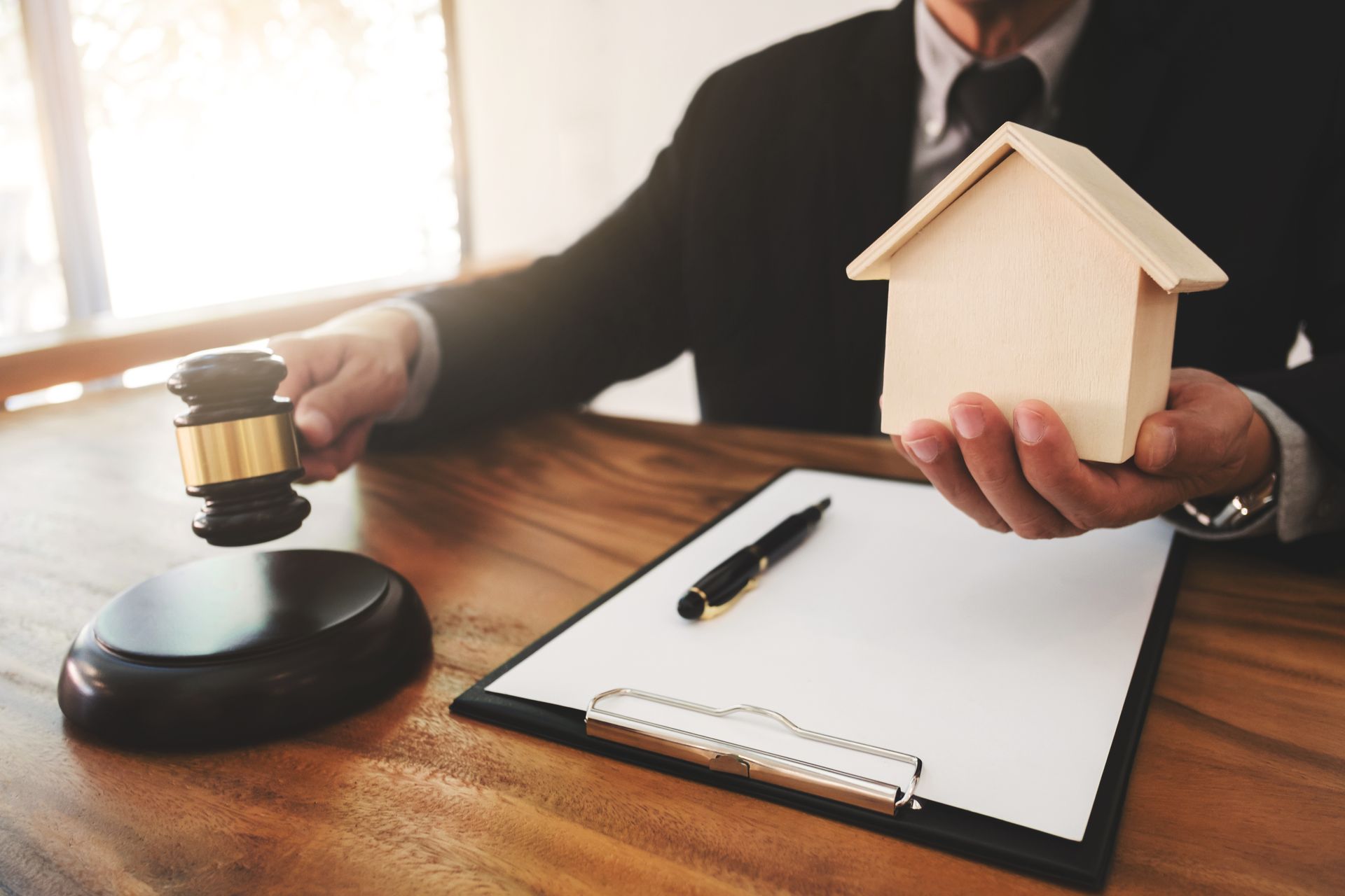 Un juge tenant un marteau à côté d’une maquette de maison et d’un porte-bloc, sur un bureau