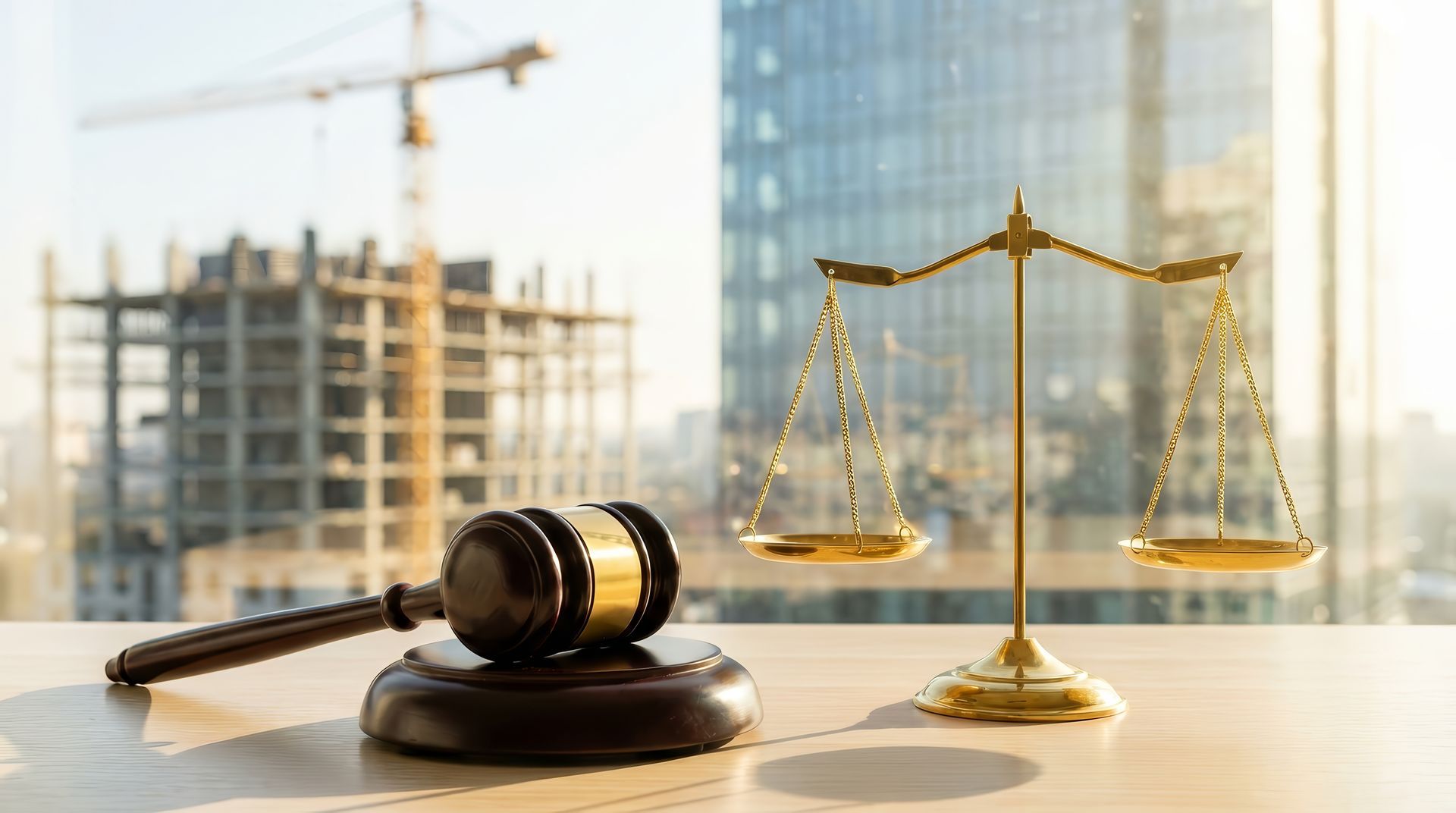 Marteau de juge et balance sur un bureau, avec un chantier et une grue en arrière-plan