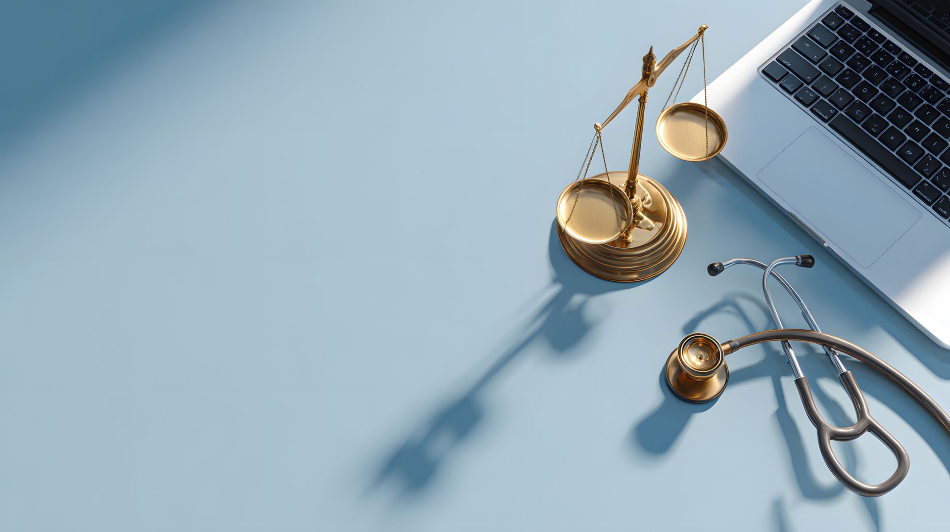 Ordinateur portable accompagné d’une balance à plateaux dorée, d’un stéthoscope et d’un marteau de juge sur un bureau bleu.