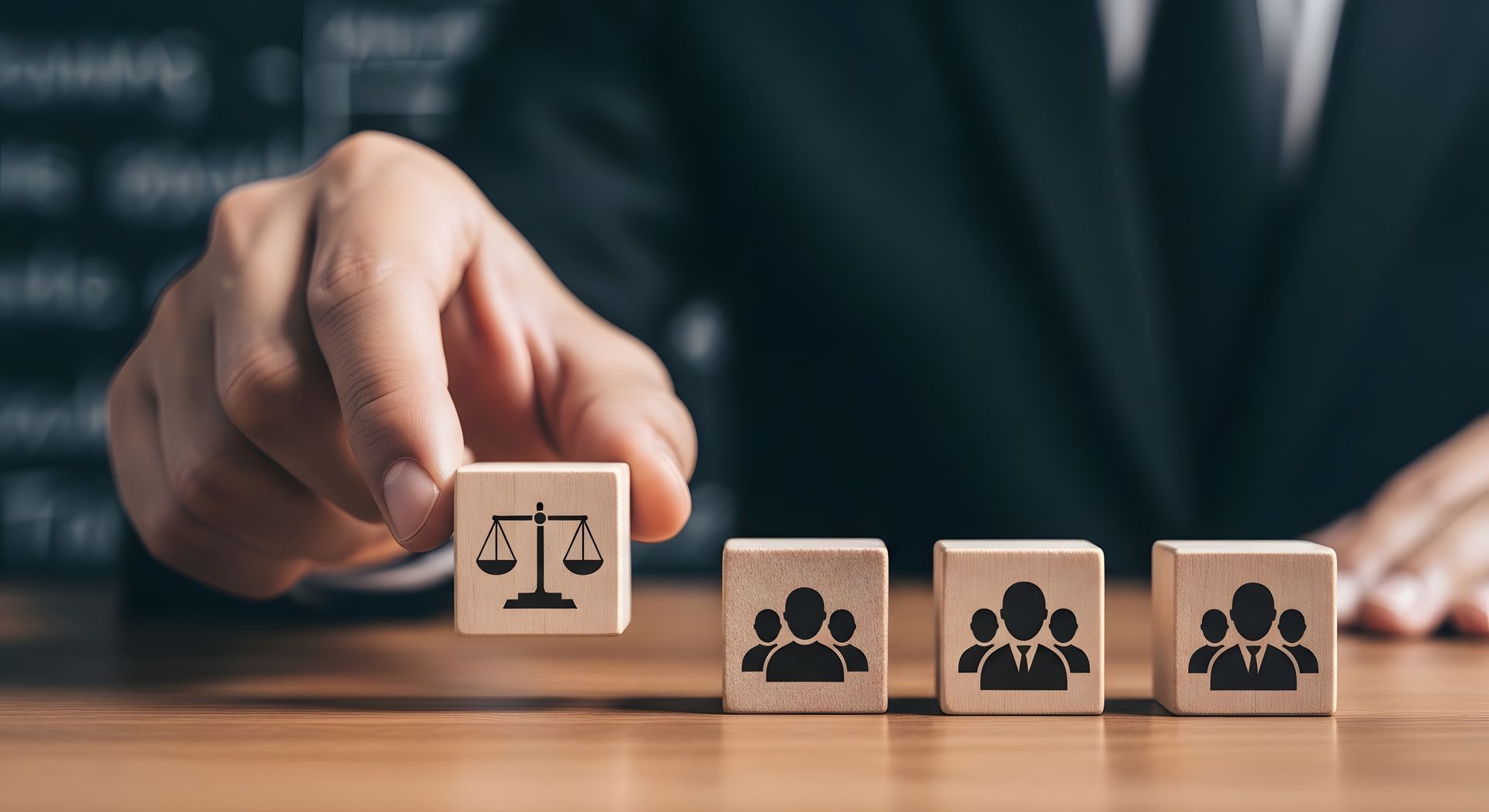 Une main pose un bloc de balance à côté de blocs en bois.