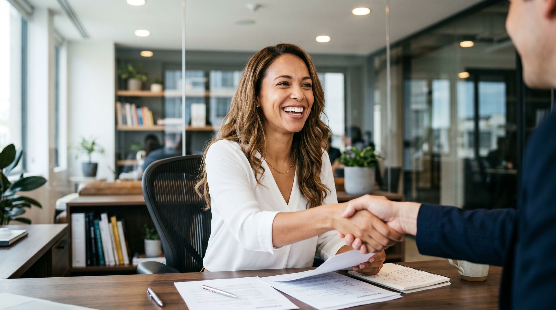 Un professionnel souriant serre la main de quelqu’un de l’autre côté d’un bureau, avec des documents et un ordinateur portable à proximité