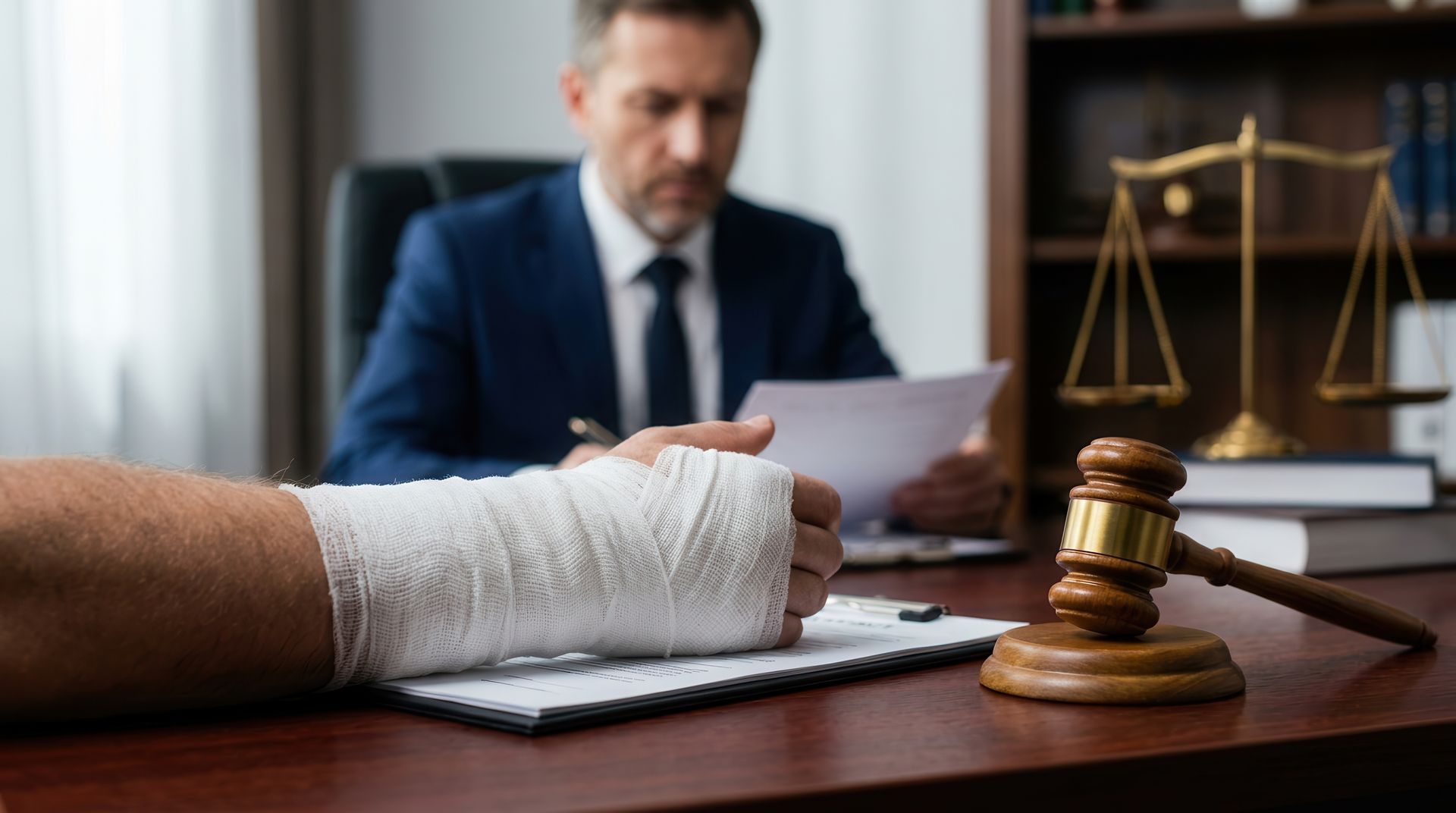 Une main bandée au premier plan, à côté d’un marteau de juge, tandis qu’un avocat examine des documents dans un cabinet d’avocats