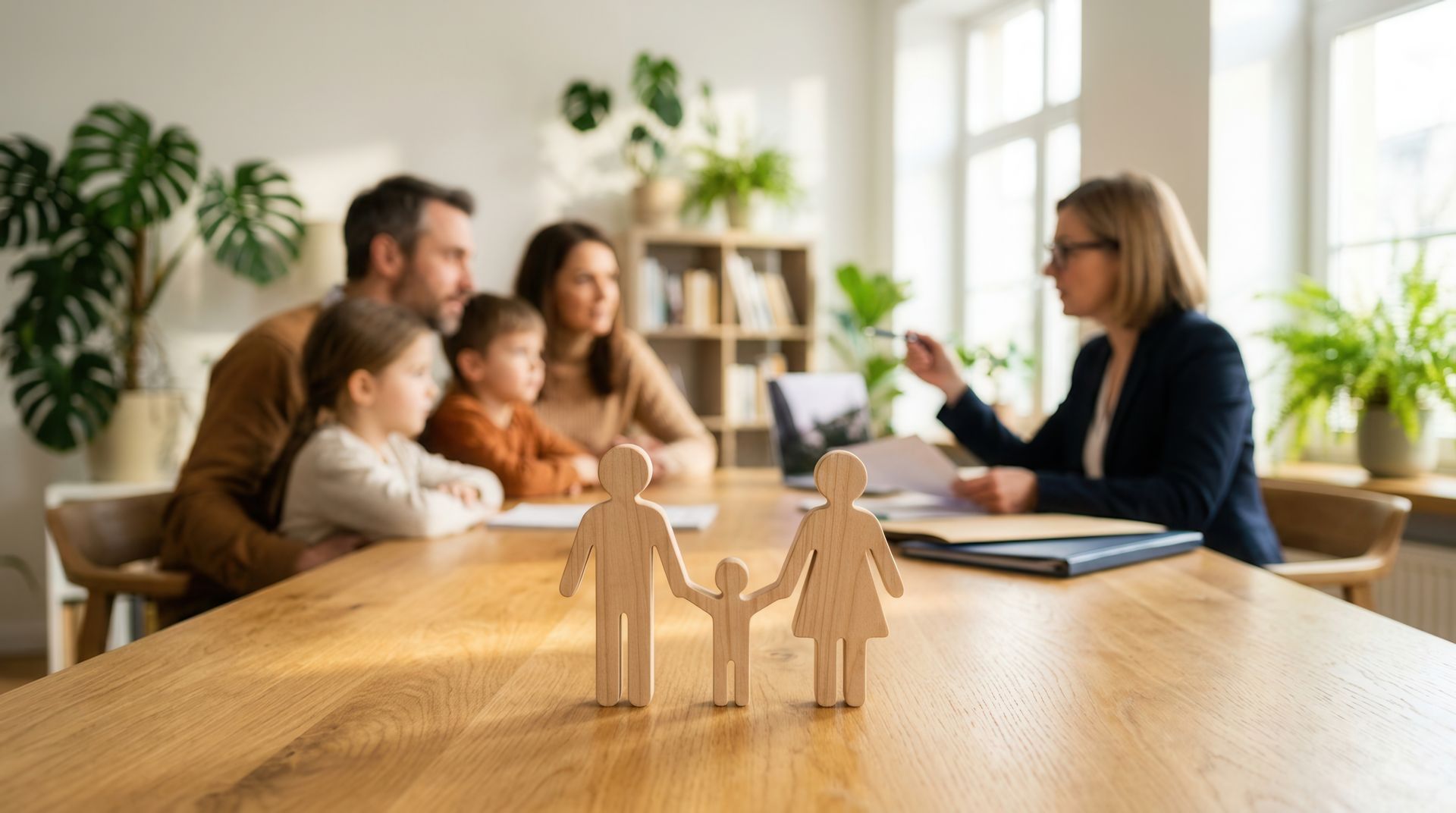 Réunion familiale avec un conseiller dans un bureau lumineux, autour d’une table en bois, avec de petites figurines représentant une famille au premier plan