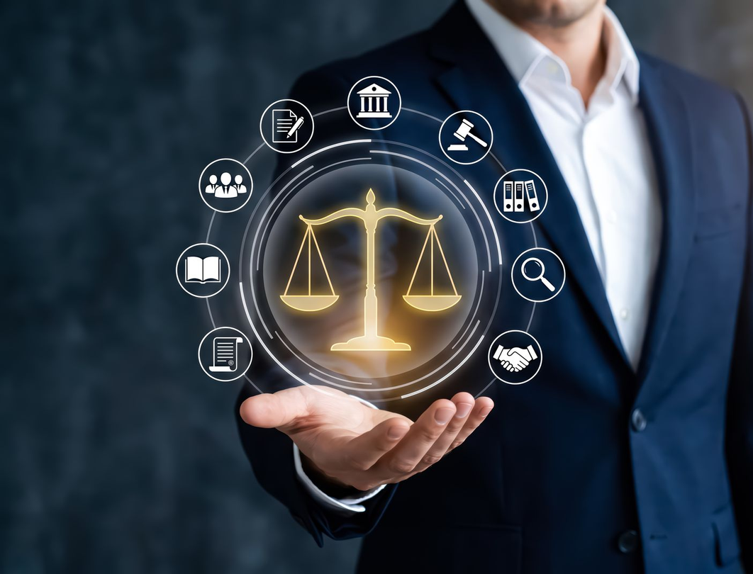 Un homme d'affaires tient une icône lumineuse avec une balance légale entourée de symboles liés au droit.