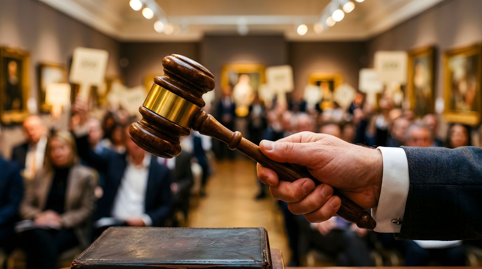 Un marteau de juge au premier plan, avec un public flou dans une salle d’audience ou de vente aux enchères