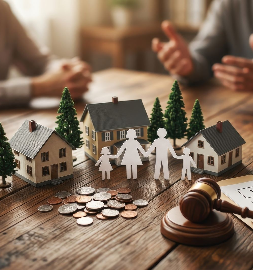 Des maisons miniatures, des pièces et un marteau de juge sur une table.