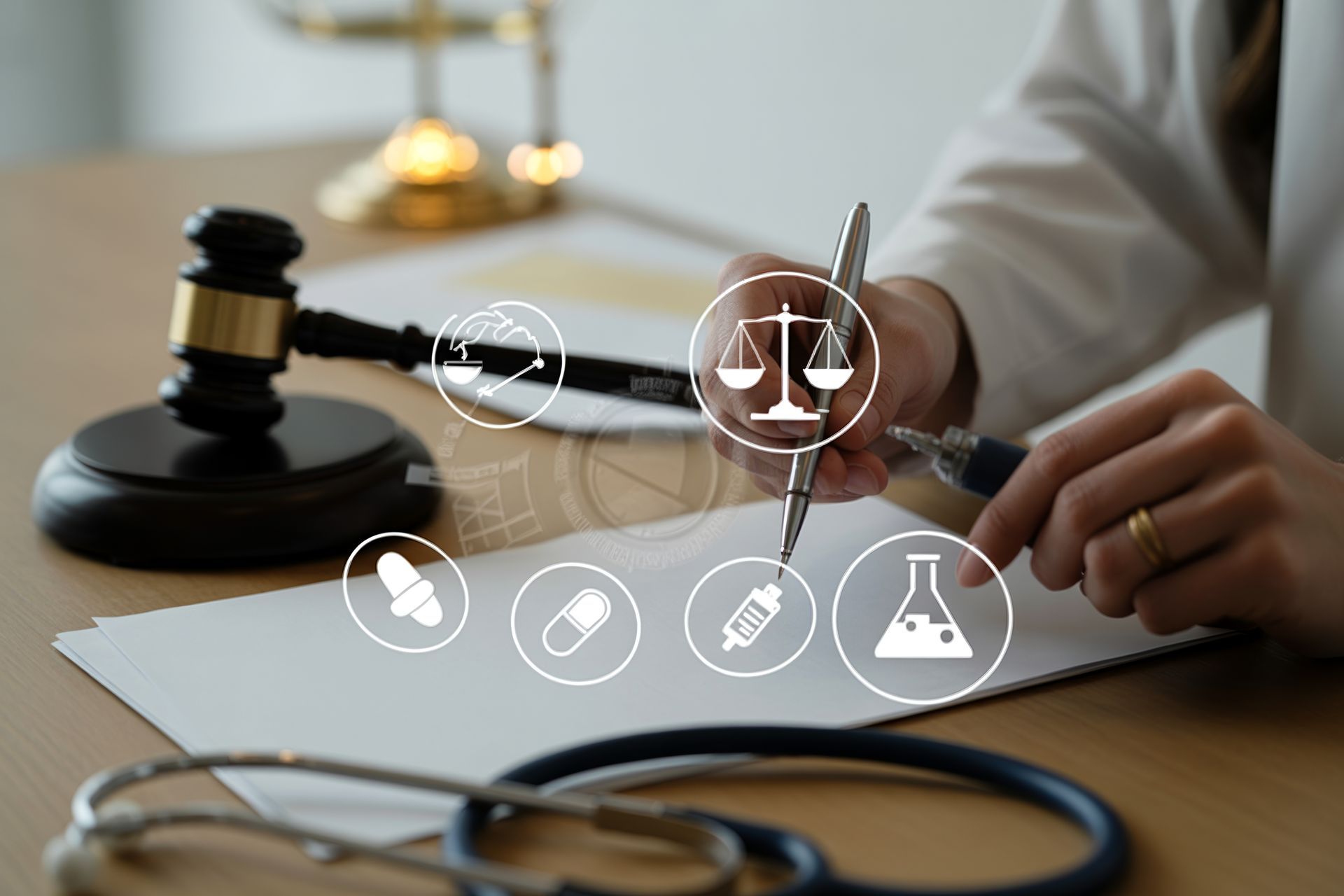 Avocat signant un document juridique, avec un marteau de juge, un stéthoscope et des icônes de justice à ses côtés