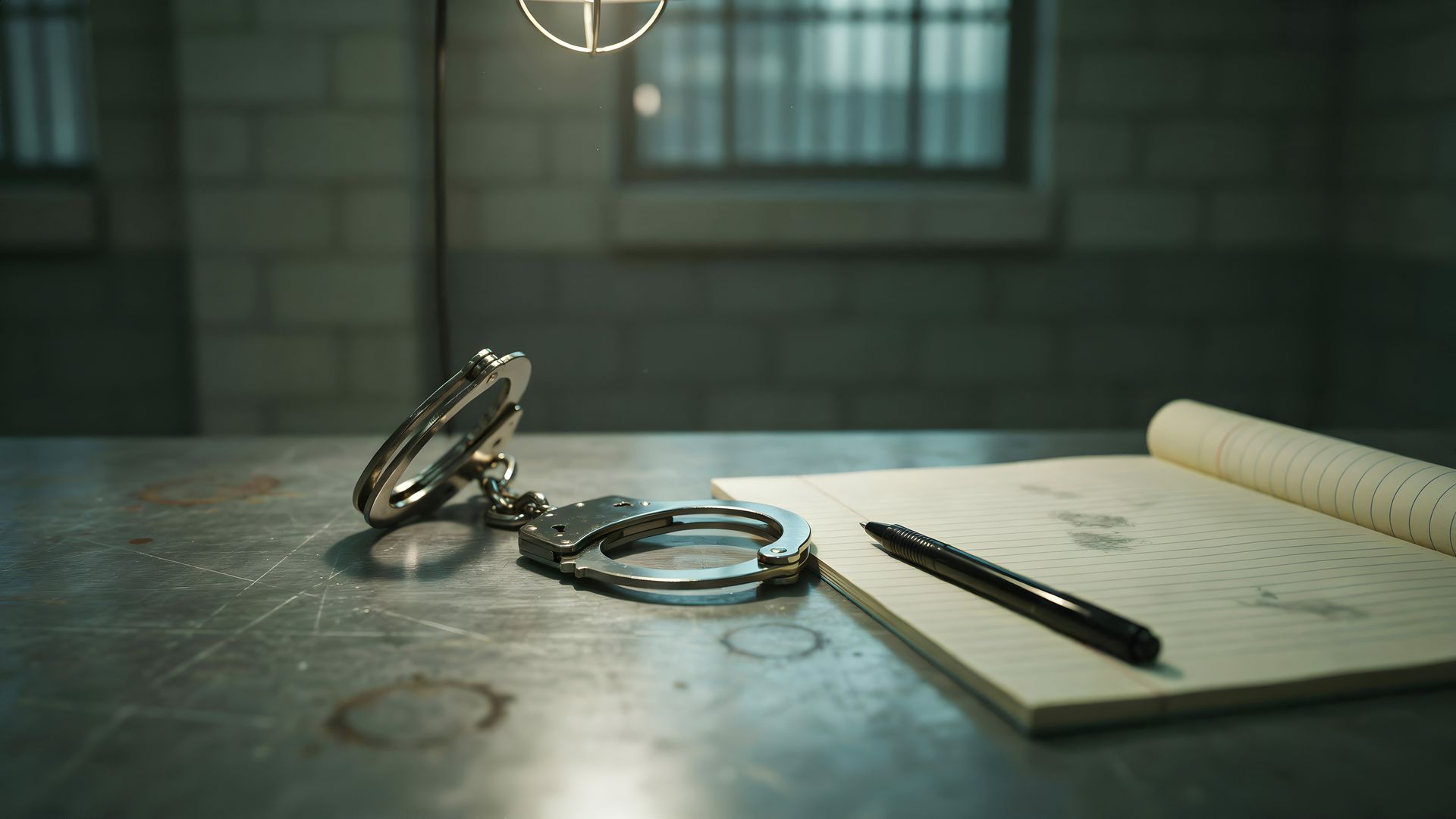 Des menottes à côté d’un stylo et d’un carnet ouvert sur une table métallique dans une pièce sombre