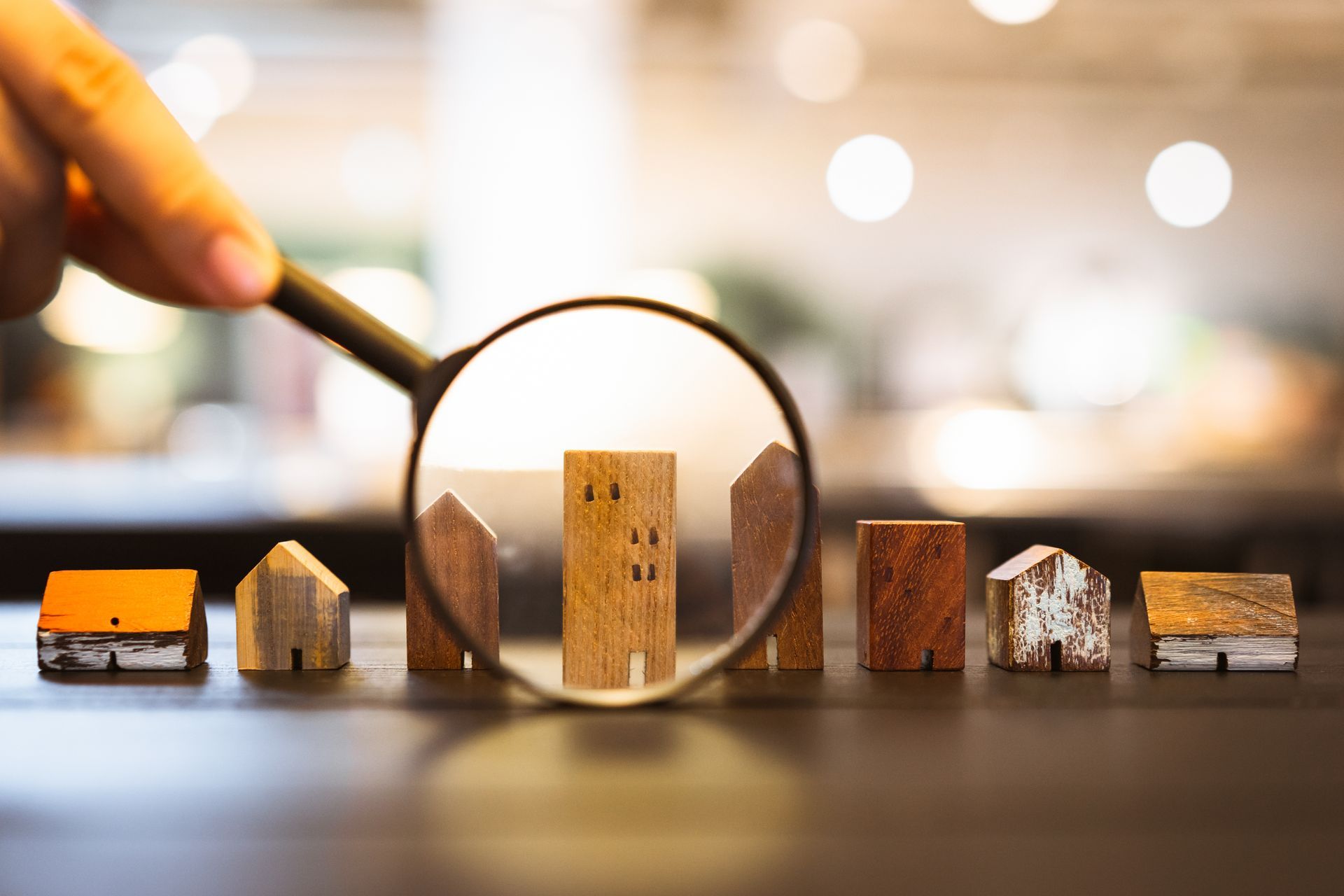 Une main tient une loupe au-dessus de petites maquettes de maisons en bois posées sur une table, mettant en évidence une maison au centre.