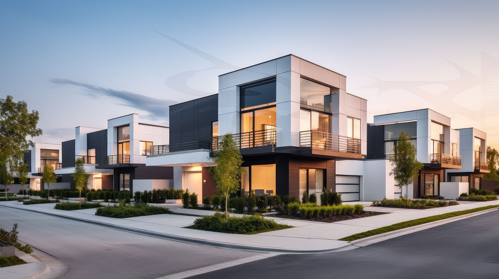 Immeubles d’appartements modernes et luxueux, dotés de grandes fenêtres, au crépuscule, à un carrefour aménagé avec des espaces paysagers