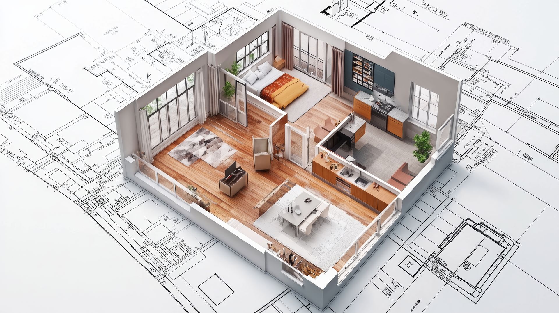 Un plan d'étage 3D montrant l'agencement d'un appartement meublé.