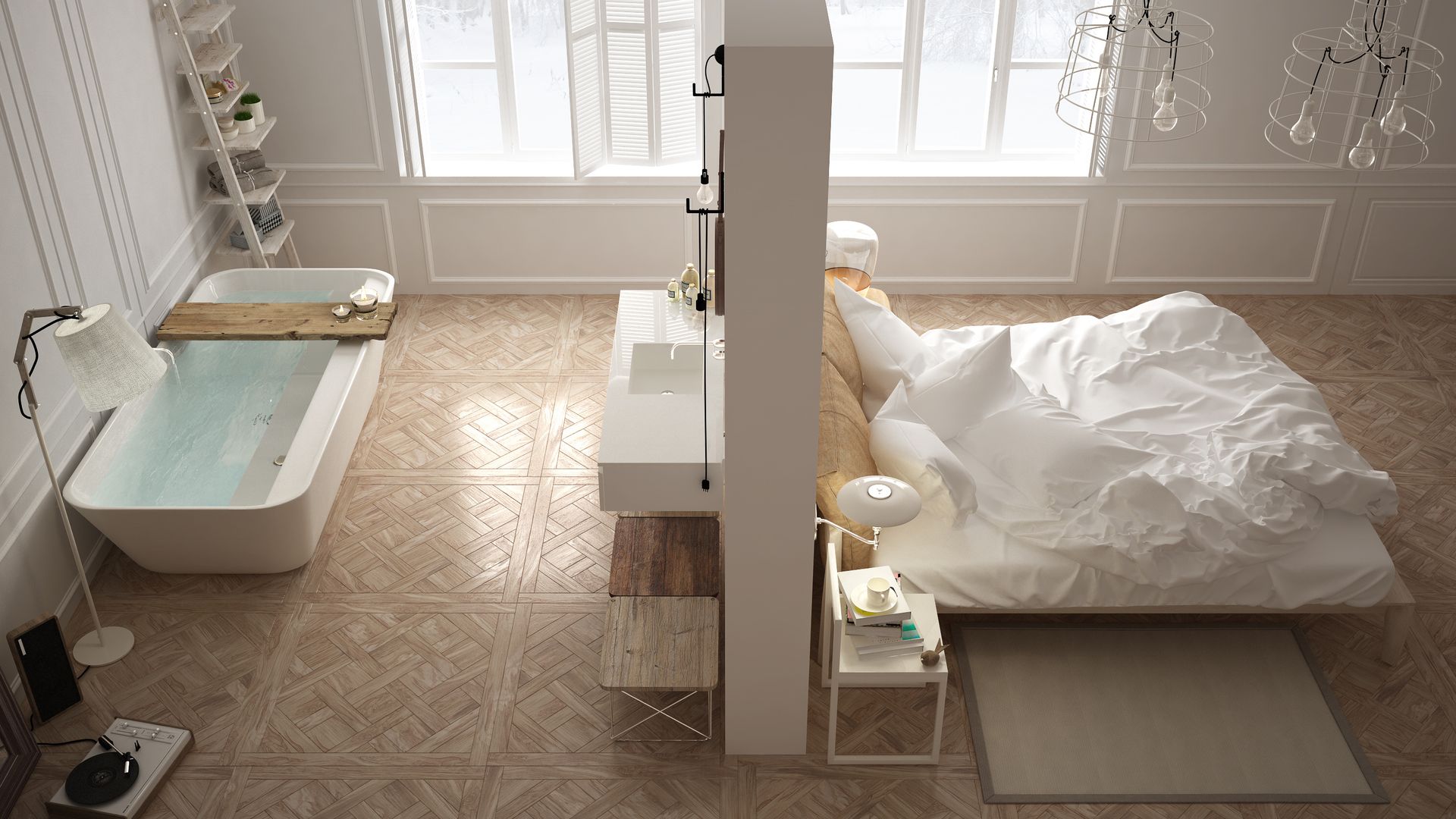 Vue en plongée d'une pièce moderne divisée par une cloison, avec une baignoire d'un côté et un lit fait de l'autre.