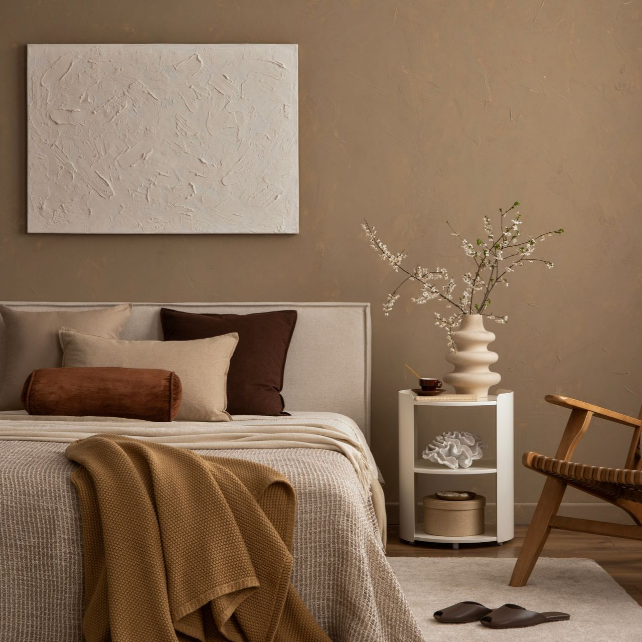 Une chambre aux tons neutres avec un lit beige, des coussins superposés, une toile texturée et une table de chevet ronde.