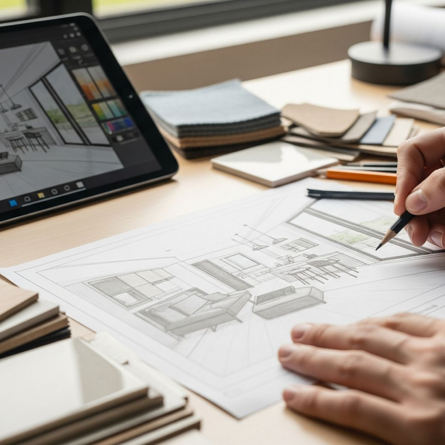 Des mains dessinent un plan d'architecte sur papier, près d'une tablette affichant un logiciel de design d'intérieur.