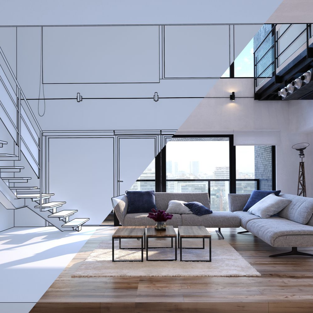 Vue en écran partagé montrant la transition d'un salon, d'une esquisse architecturale au trait à un rendu 3D final.