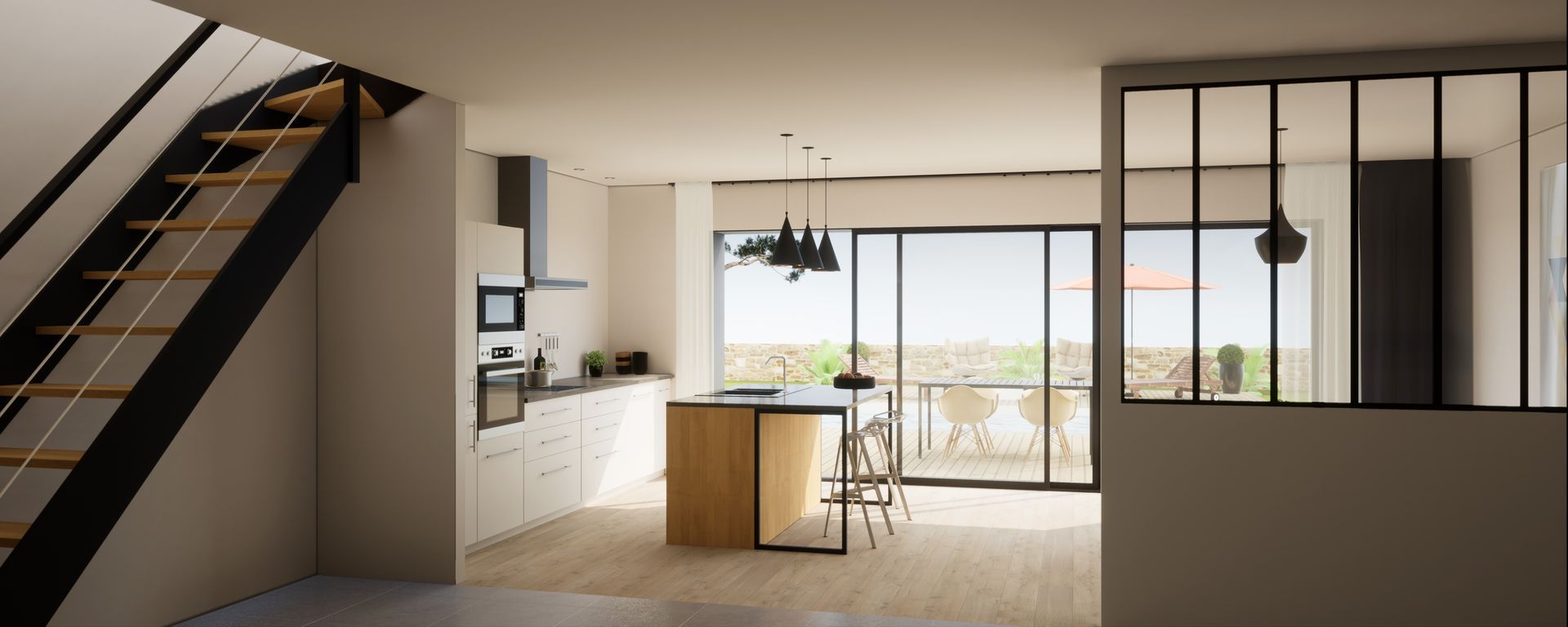 Une cuisine et un espace de vie modernes et ouverts, avec un îlot en bois, un escalier sur la gauche et une cloison vitrée.