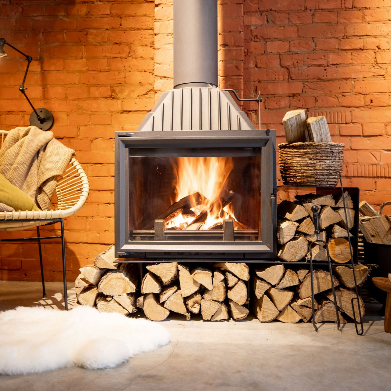Une cheminée allumée, adossée à un mur de briques rouges, avec du bois de chauffage empilé en dessous et à proximité.