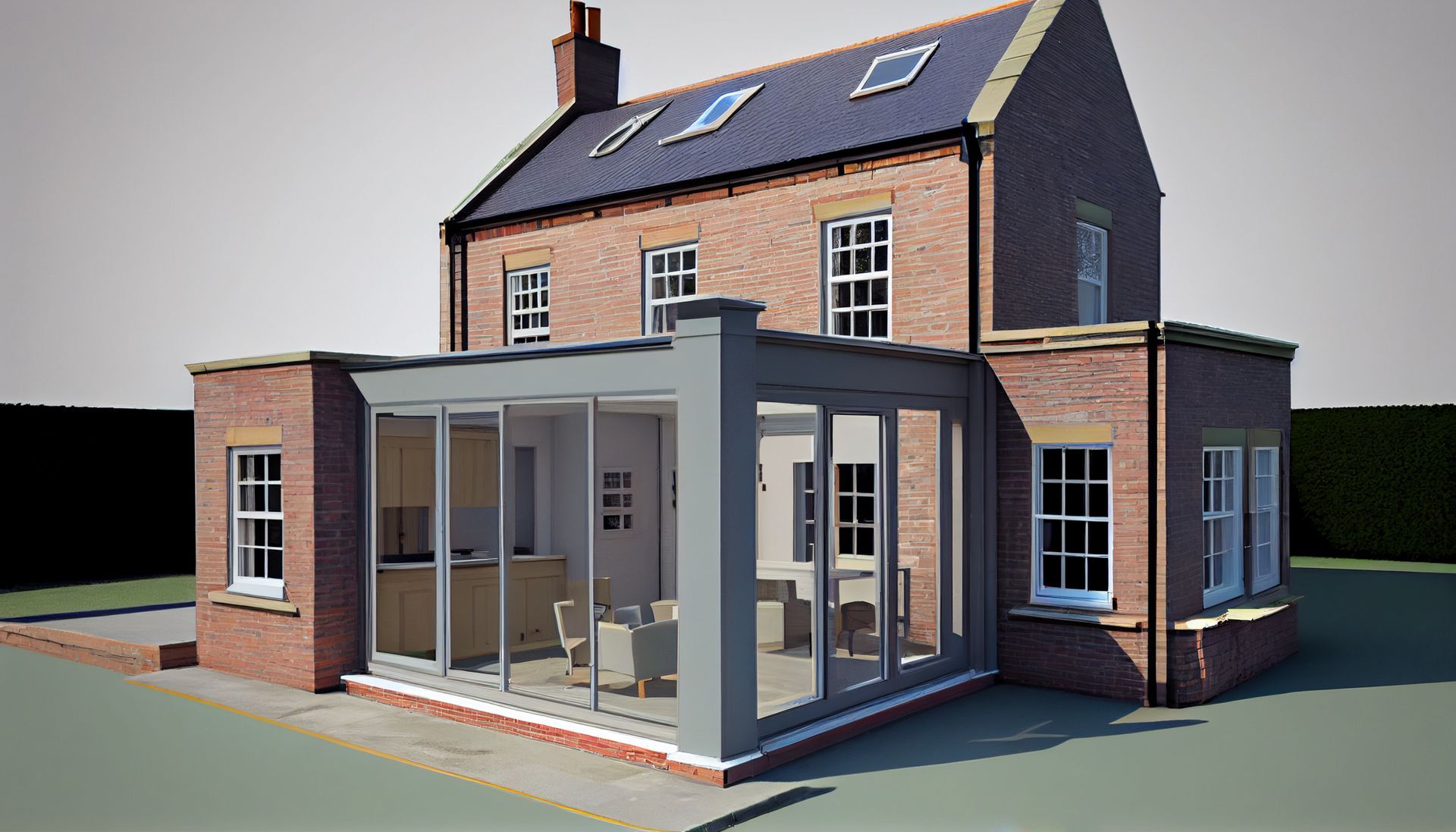 Rendu 3D d'une maison en briques présentant une extension moderne en verre à cadre gris.