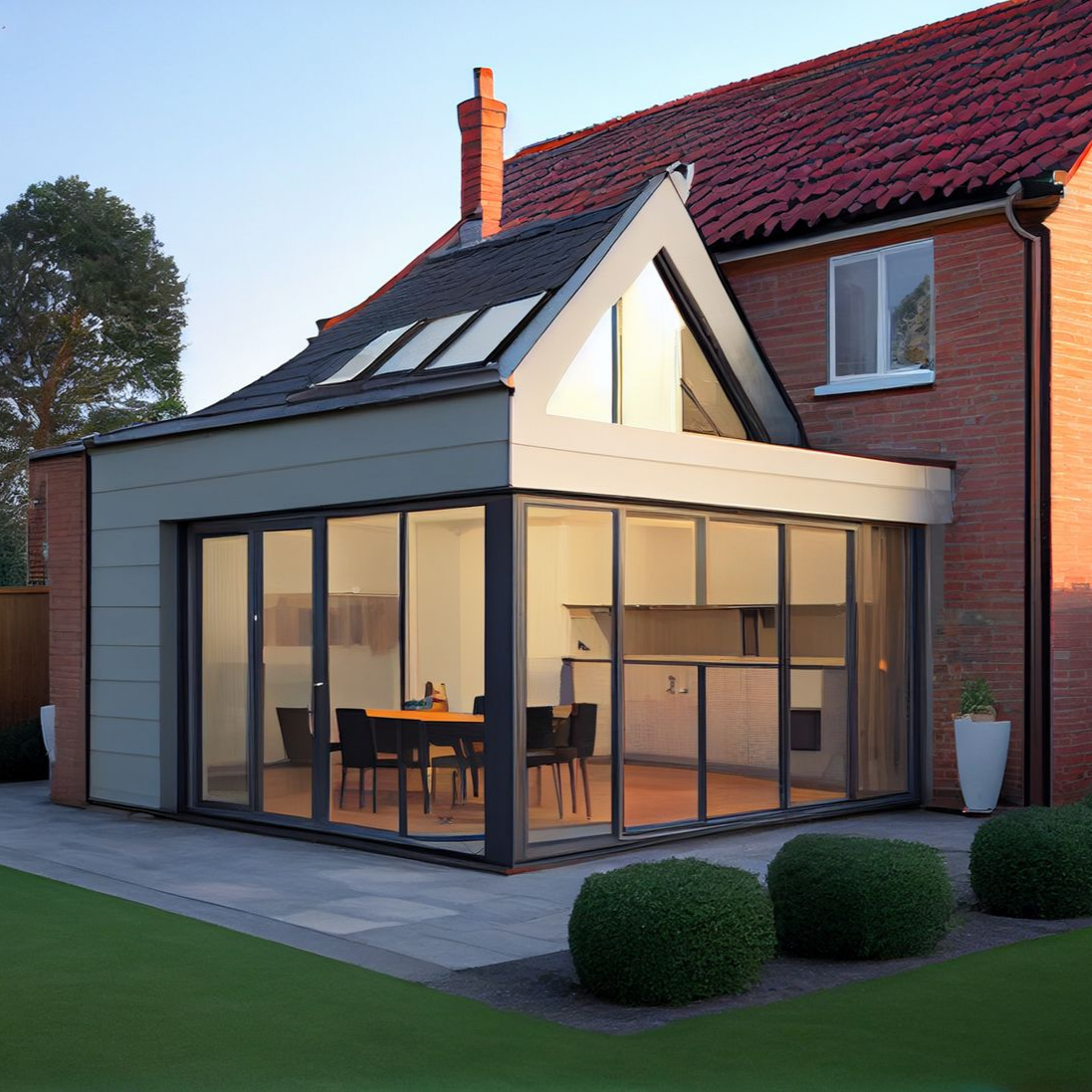 Une extension de cuisine moderne avec un toit en verre à pignon et des baies vitrées du sol au plafond.