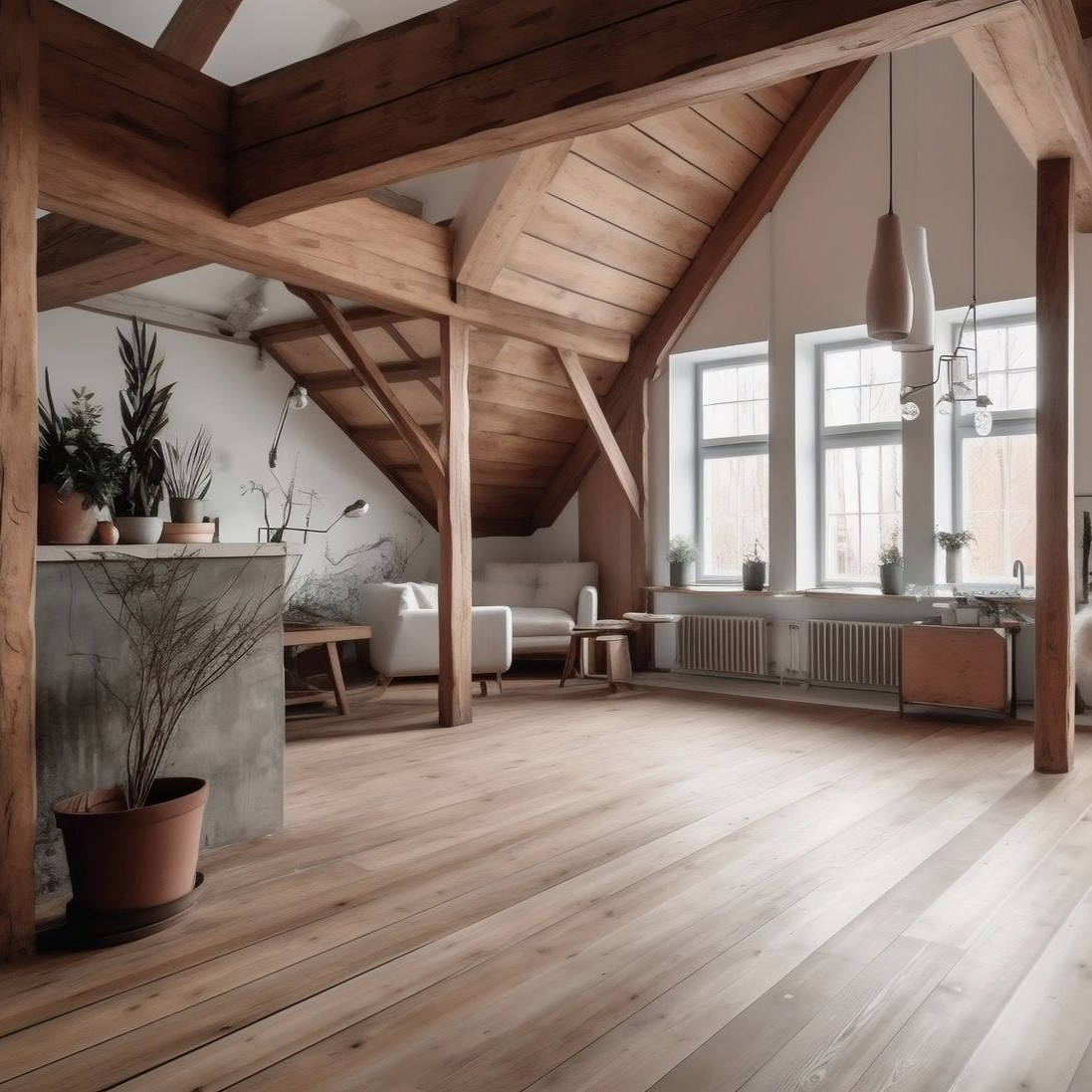 Un intérieur de loft rustique avec des poutres apparentes, un parquet clair, de grandes fenêtres et un mobilier minimaliste.