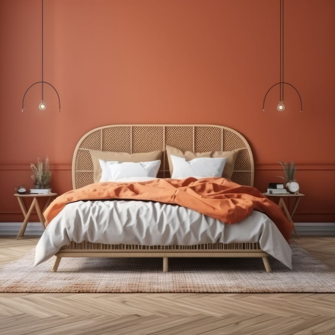 Un lit avec une tête de lit en rotin tressé, du linge de lit orange et des suspensions lumineuses.