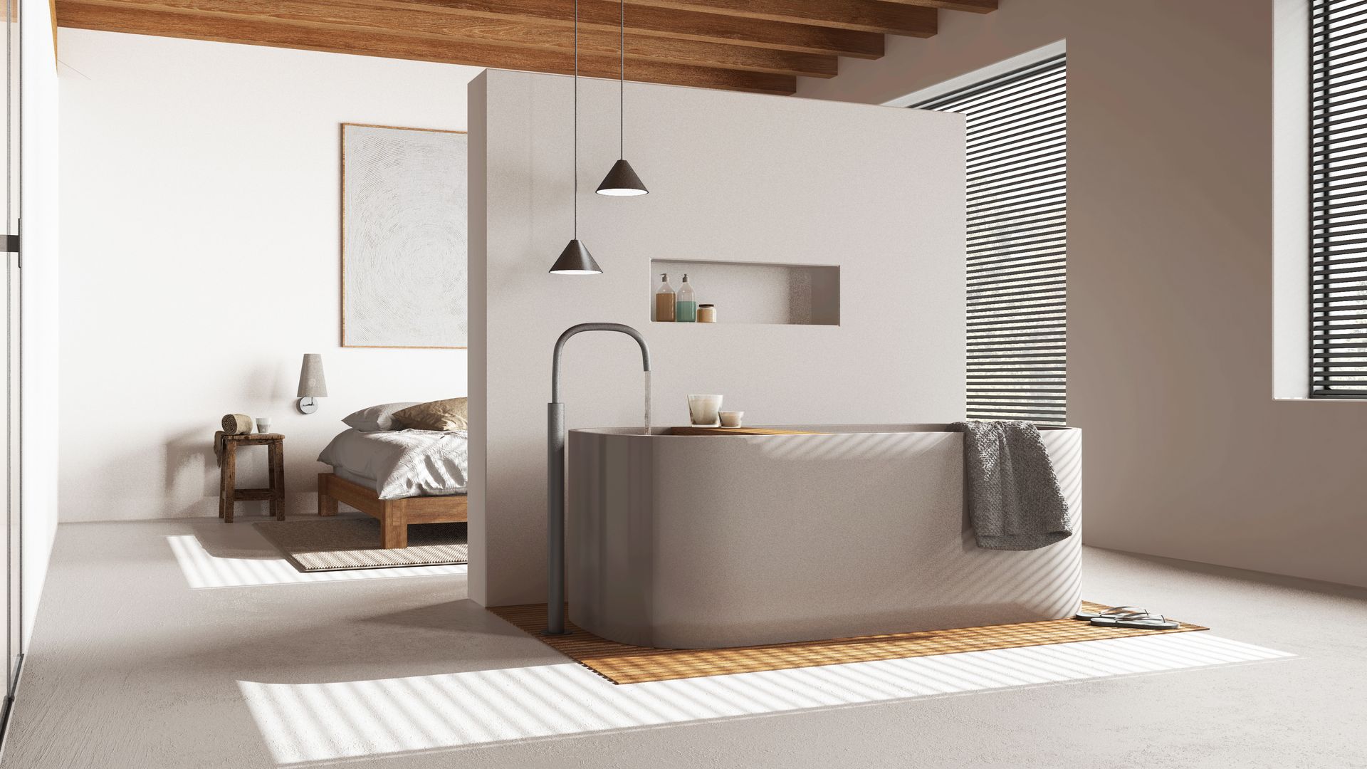 Dans une chambre moderne ouverte aux murs blancs, au plafond en bois et à la cloison amovible, se trouve une baignoire beige.