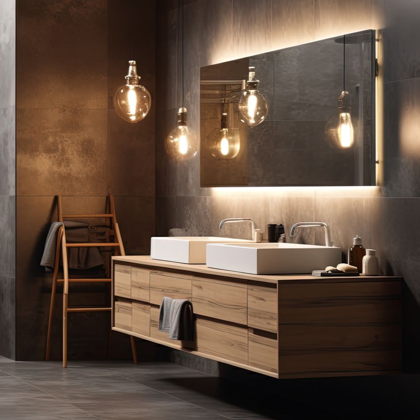 Une salle de bains moderne avec un meuble lavabo double suspendu en bois.