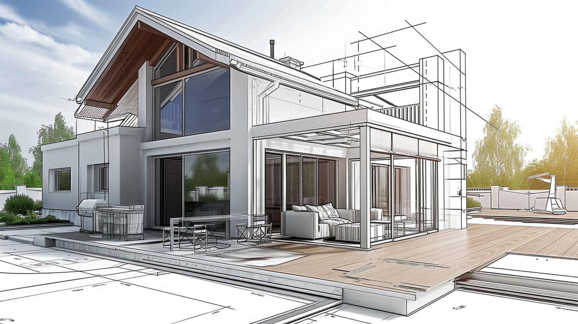 Rendu architectural mêlant une maison moderne achevée à des croquis.