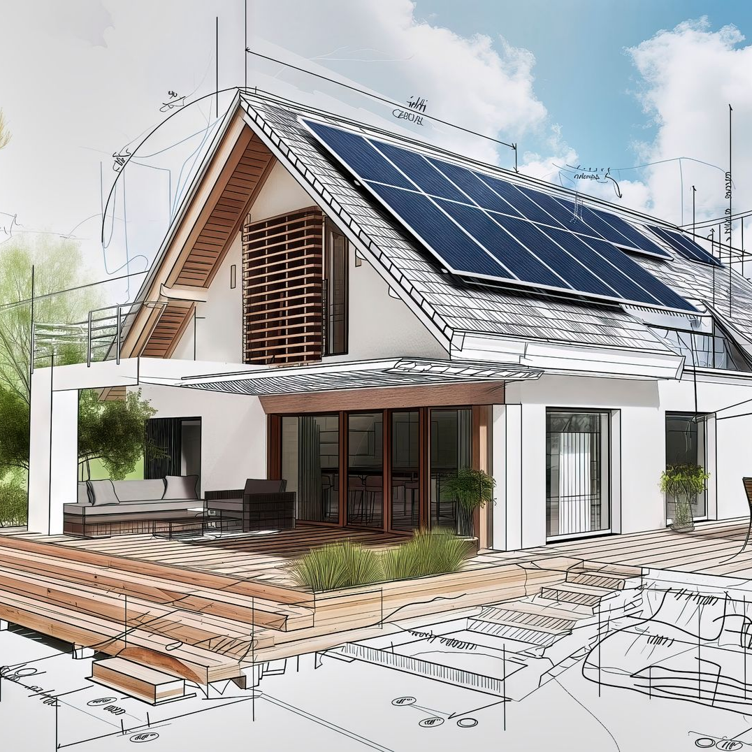 Une maison au design moderne mêlant un rendu architectural 3D réaliste à des plans techniques.