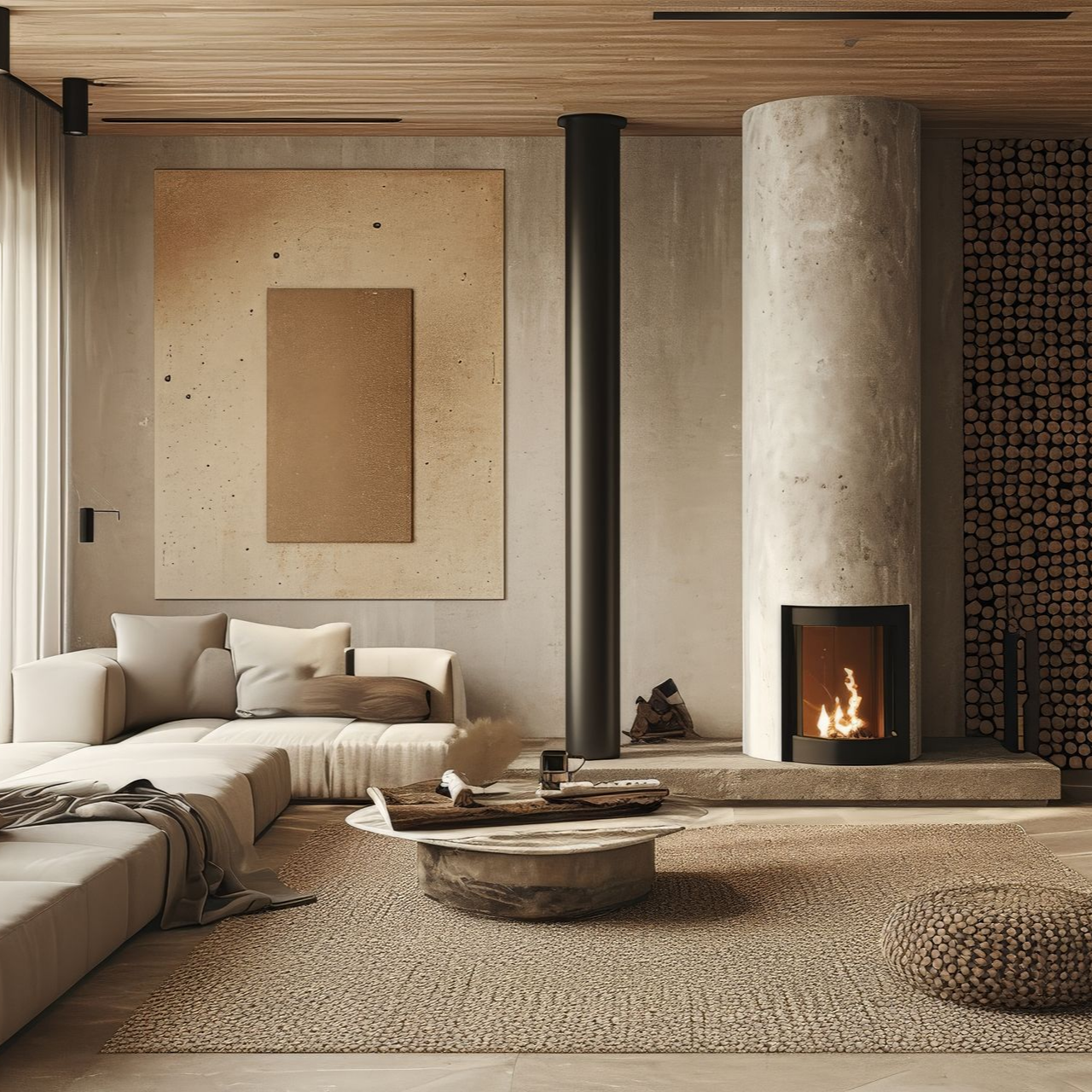 Salon moderne et minimaliste avec un canapé aux tons neutres, une cheminée cylindrique en pierre et un décor beige texturé.
