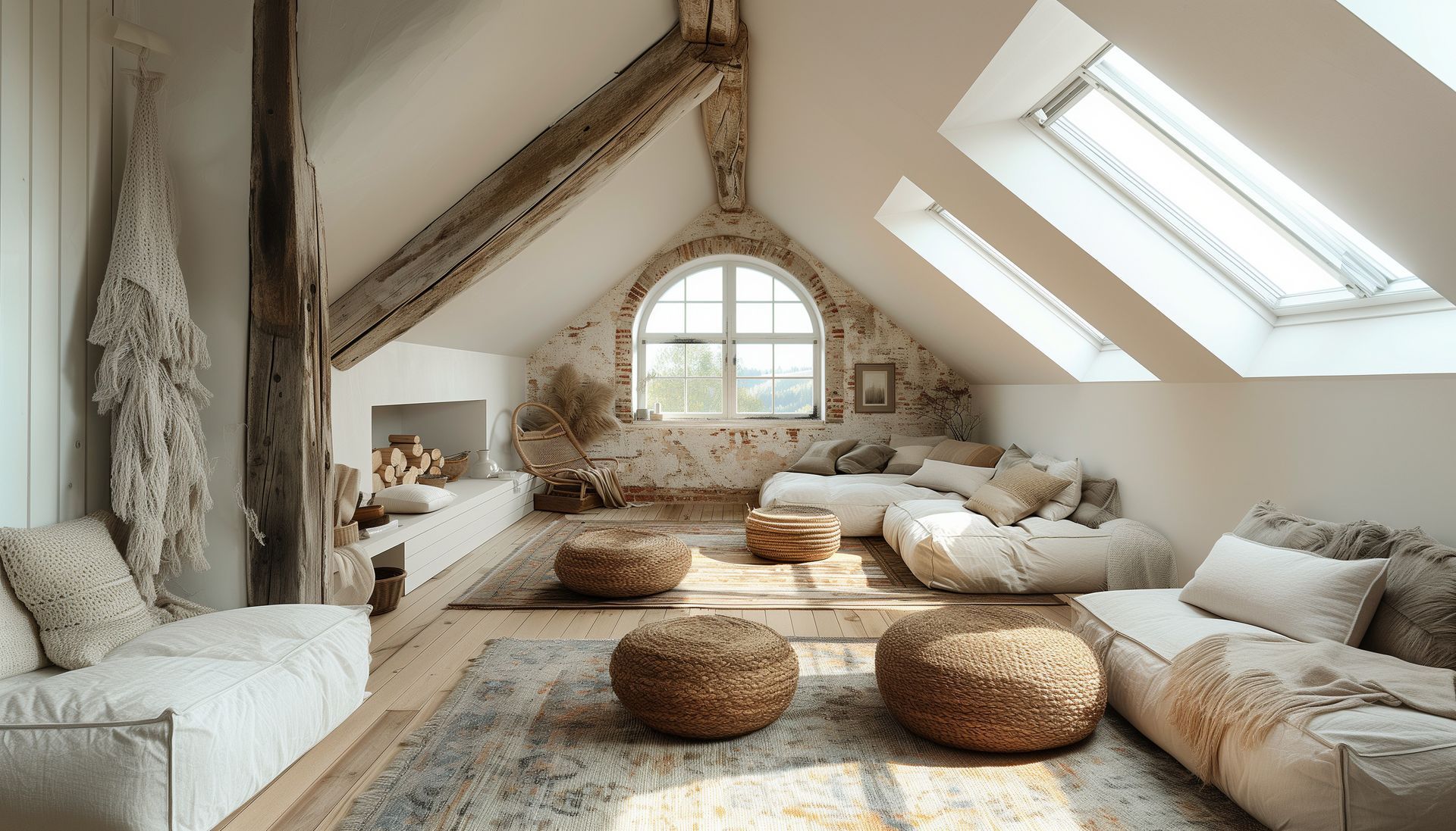 Une pièce mansardée baignée de soleil, avec des murs blancs et des poutres apparentes rustiques.