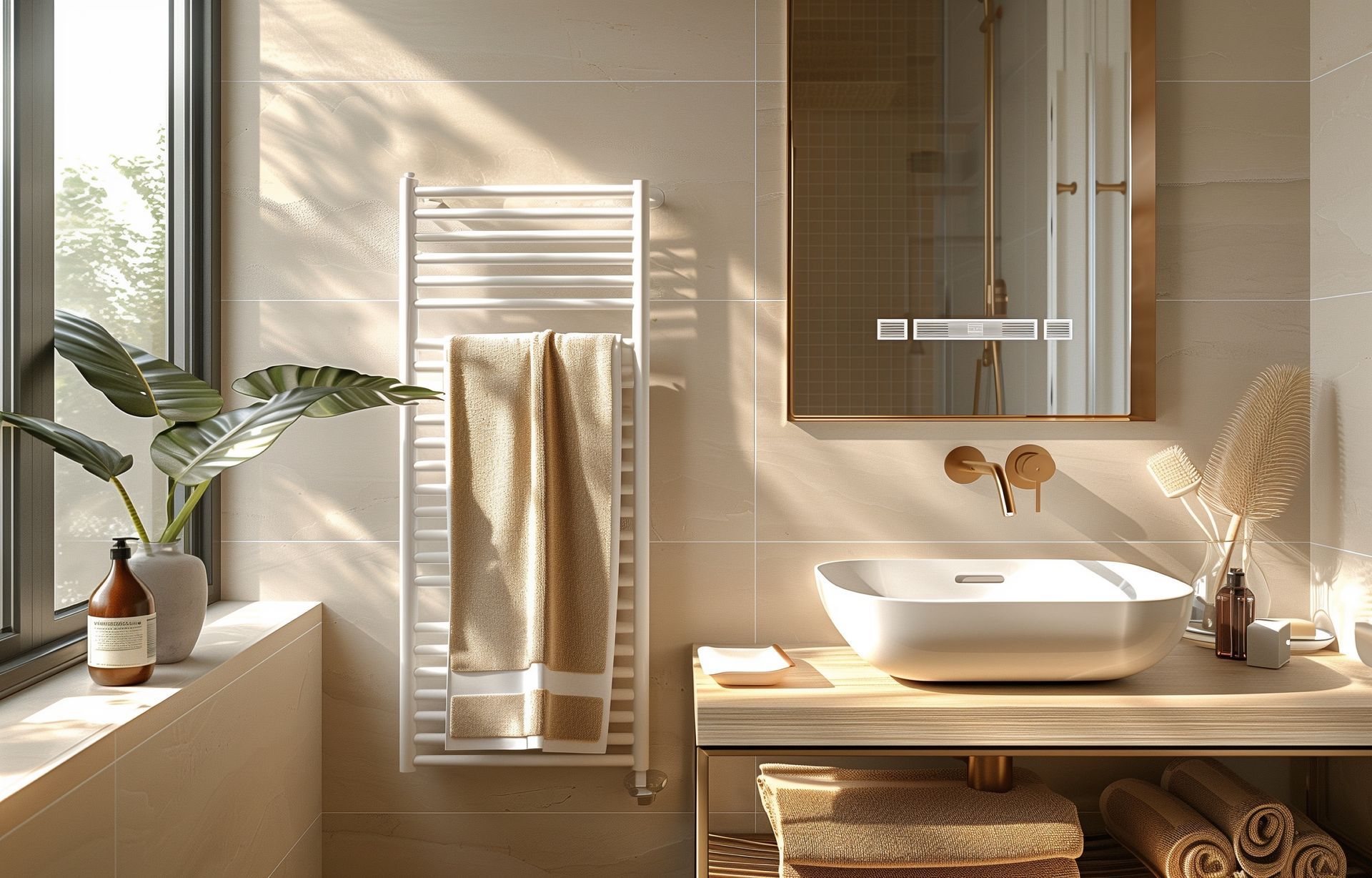 Une salle de bains moderne et lumineuse, équipée d'un sèche-serviettes blanc.