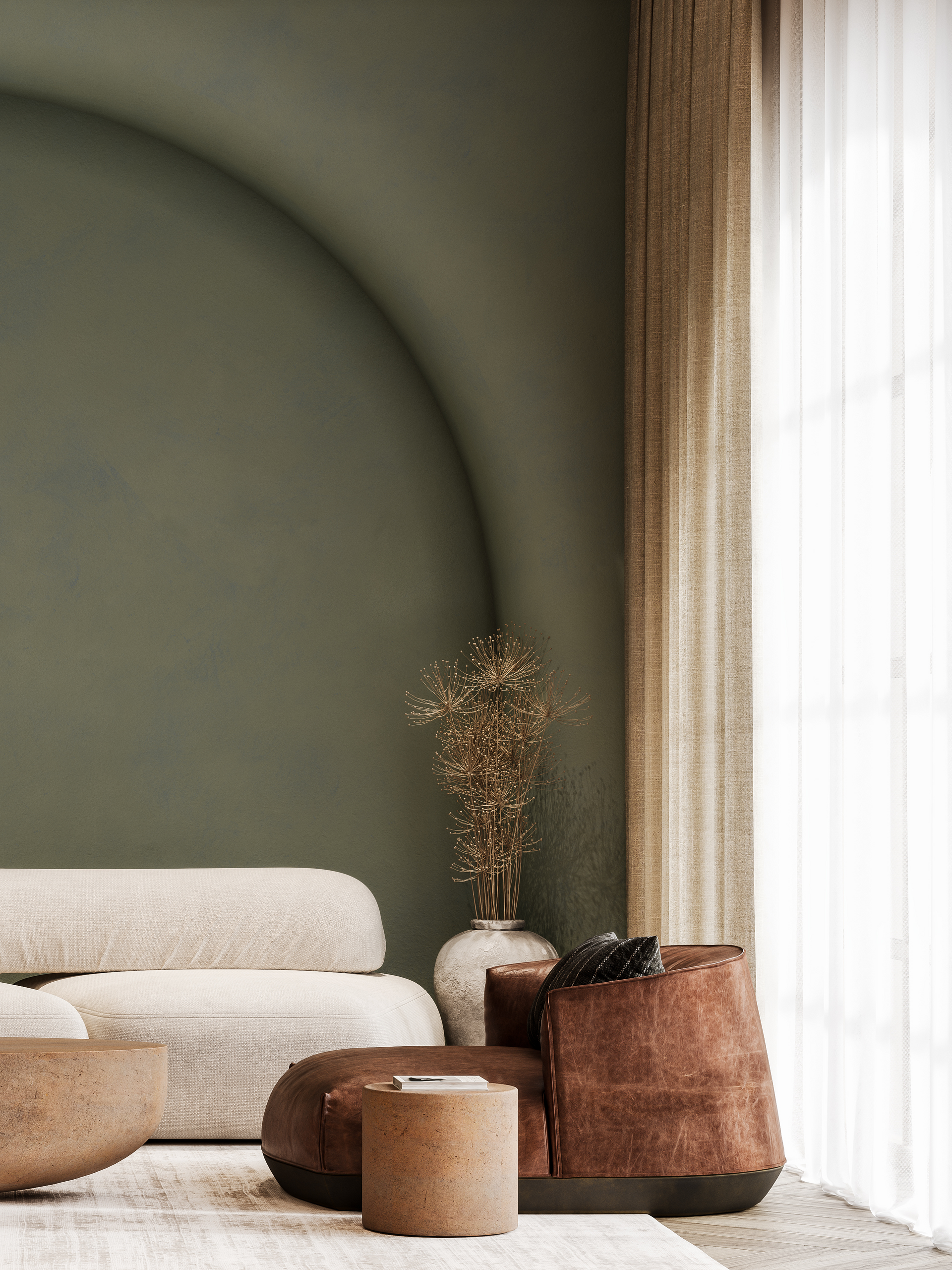 Un salon moderne et minimaliste avec un coin repas, une table en bois, un canapé d'angle gris et une mezzanine ouverte.